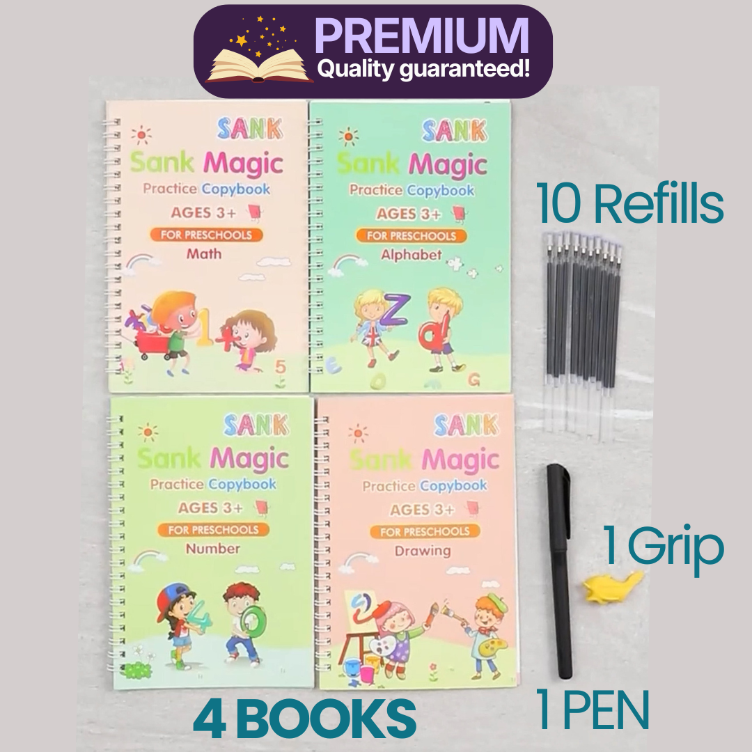 Magic Practice Copybook, (4 BOOK + 10 REFILL+ 1 Pen +1 Grip) Number Tracing Book for Preschoolers with Pen, Magic Calligraphy Copybook Set