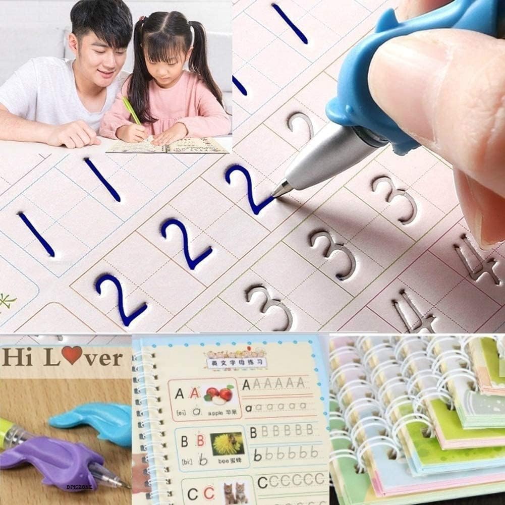Magic Practice Copybook, (4 BOOK + 10 REFILL+ 1 Pen +1 Grip) Number Tracing Book for Preschoolers with Pen, Magic Calligraphy Copybook Set